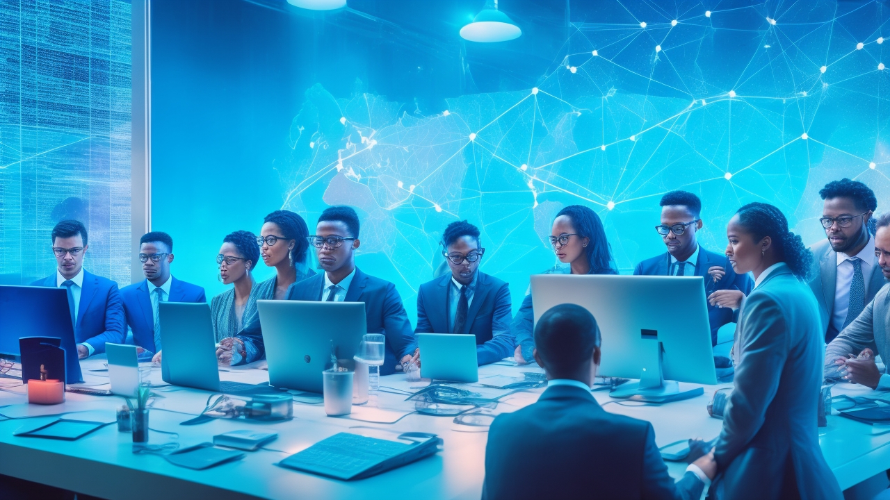 A cinematic, editorial-style image showing a diverse group of professionals in a modern office collaborating around holographic data charts and glowing digital connections, symbolizing unity and transparency in AI data ownership and a fair data economy.