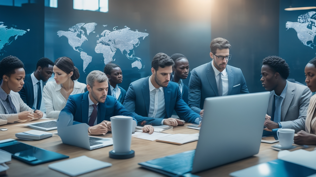 A cinematic, editorial-style photo of a diverse group of skilled professionals collaborating around laptops and digital devices in a modern, global office setting, with subtle world maps and soft natural lighting reflecting international teamwork and AI innovation across continents.