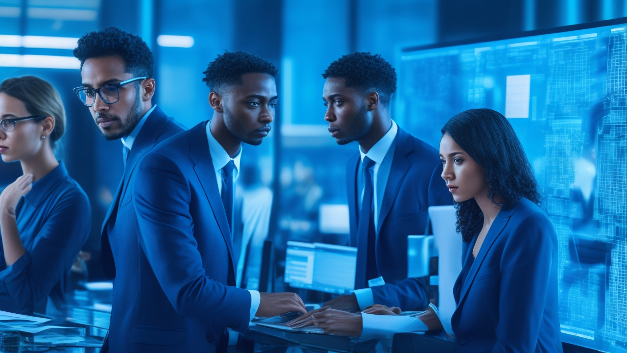 A cinematic editorial photograph of a diverse team of data scientists and AI researchers collaborating intensely around multiple transparent digital screens displaying layered abstract data visualizations, with a subtle contrast between glowing synthetic data patterns and handwritten human notes, set in a modern, sleek tech office bathed in cool blue and warm amber lighting to evoke the complex, nuanced debate between synthetic and human-labeled AI training data.