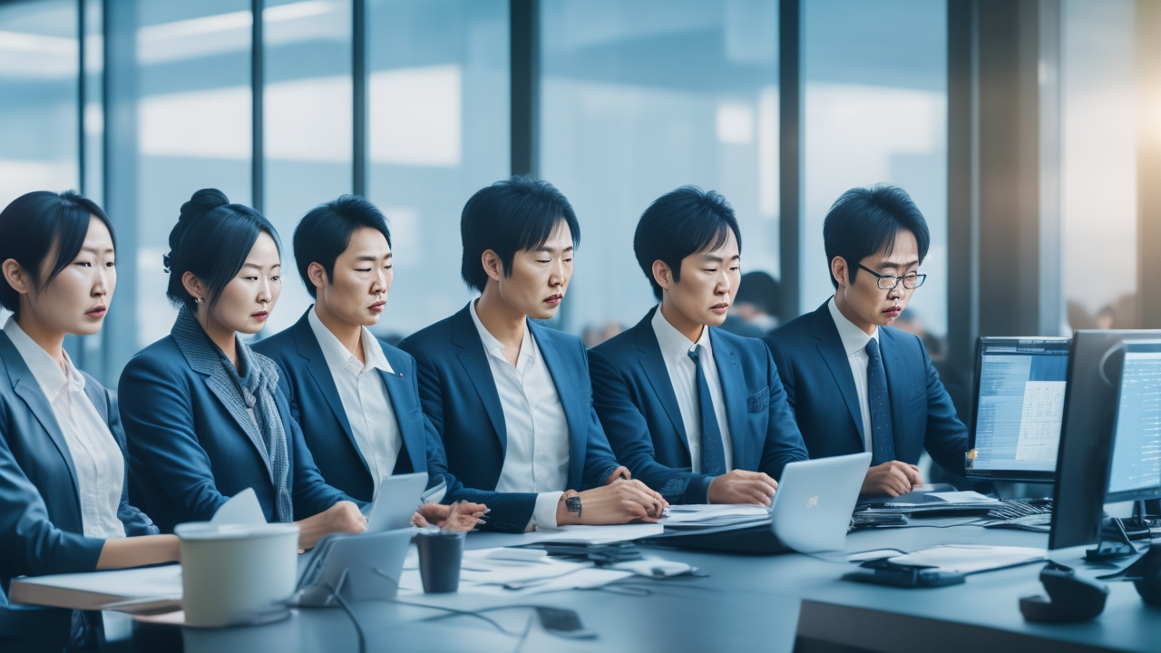 A cinematic photograph of a diverse team of Japanese data annotators collaborating attentively around computer screens in a modern, sunlit office, blending traditional Japanese aesthetic elements with high-tech digital interfaces to convey precision, cultural nuance, and quality in AI development.