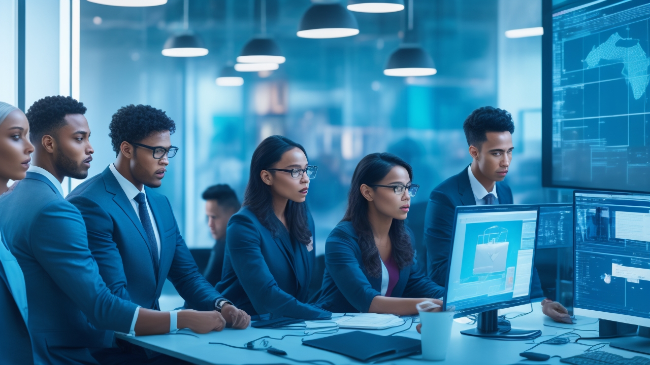A cinematic editorial image of a diverse team of data scientists and AI engineers collaborating over multiple screens displaying detailed product images and annotation interfaces in a high-tech, modern office, symbolizing cutting-edge e-commerce AI data annotation and retail automation.