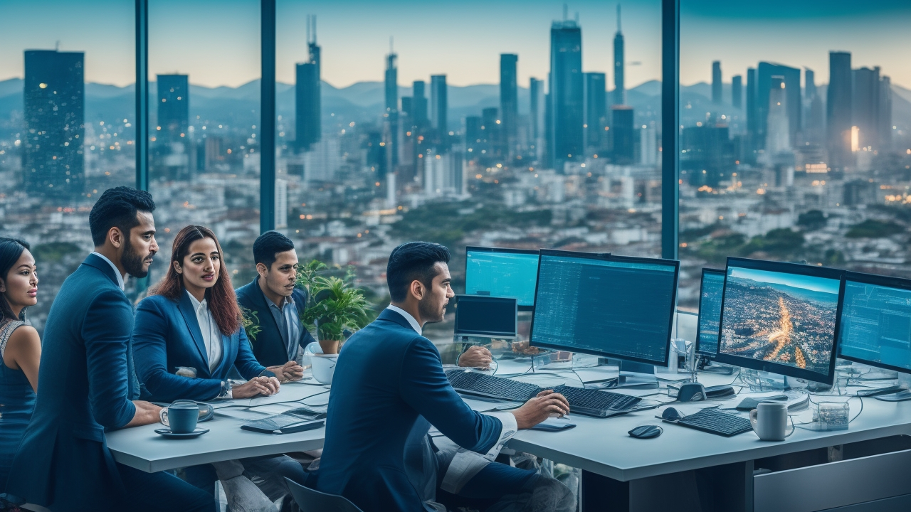 A dynamic, cinematic editorial photograph of diverse Latin American professionals collaborating around computers and digital devices in a modern open workspace, with subtle cityscape views of Mexico City, Bogotá, and São Paulo blended in the background, symbolizing the vibrant AI data annotation and outsourcing industry driving innovation across Mexico, Colombia, and Brazil.