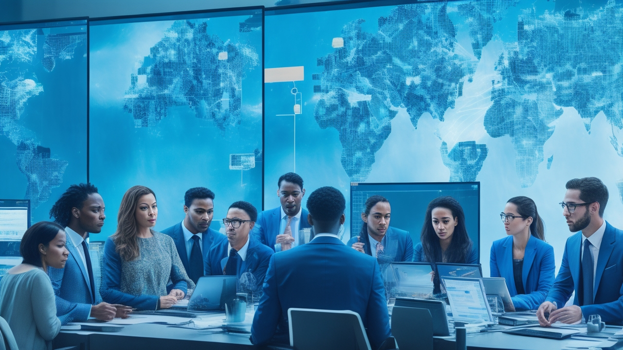 A cinematic editorial image showing a diverse team of professionals collaborating intensely around a large digital screen displaying complex data visualizations, symbolizing a trusted, long-term partnership in global AI data annotation and co-creation.