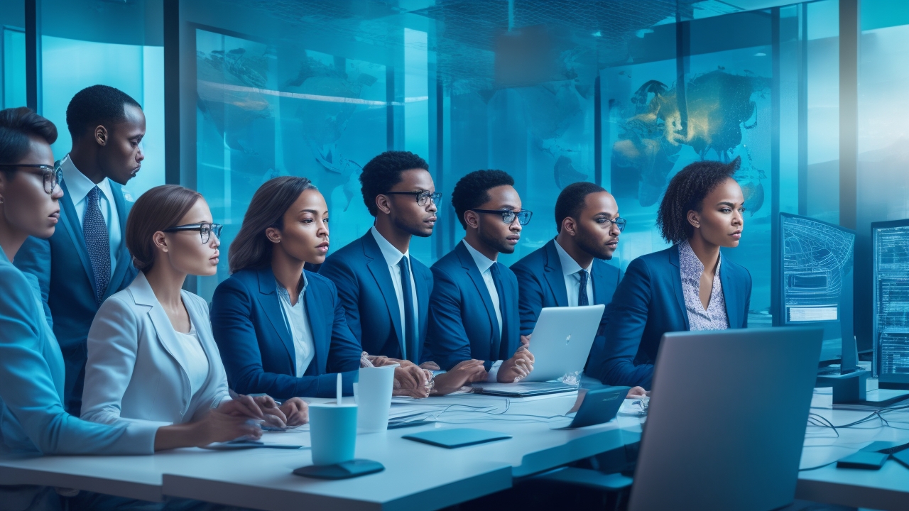 A diverse group of professionals collaborating intensely around a futuristic digital interface displaying complex data visualizations, illuminated by soft, cinematic lighting in a modern office setting, symbolizing strategic partnerships and human-centered innovation in AI development.