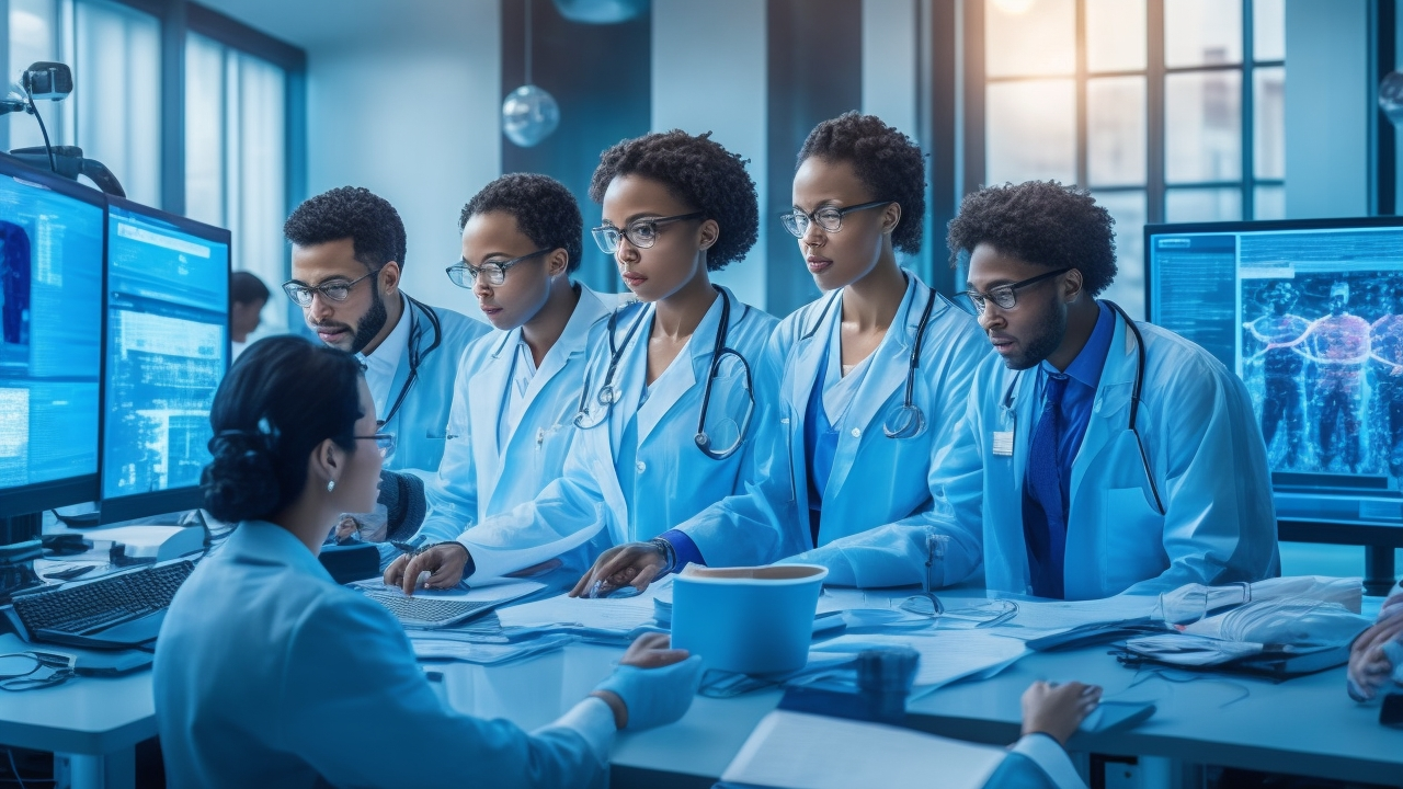 A cinematic editorial photo showing a diverse team of medical professionals and data scientists collaborating over detailed medical imaging scans on multiple high-resolution monitors in a modern, well-lit workspace, highlighting the fusion of healthcare expertise and advanced data annotation technology for building smarter, ethical AI systems.