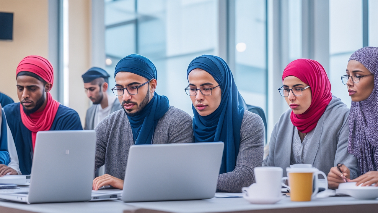 A cinematic editorial photo of a diverse group of Moroccan linguists collaborating intently around laptops and digital devices in a modern tech workspace, with subtle elements hinting at Arabic and French language scripts, highlighting innovation and bilingual AI dataset creation in Morocco’s emerging AI hub.