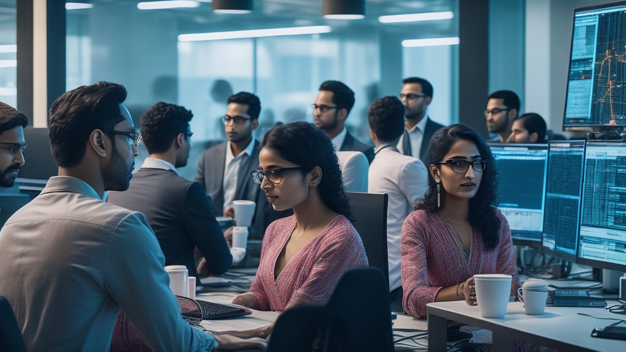A cinematic editorial photograph of a diverse group of Indian data annotators collaborating in a modern tech workspace filled with multiple screens displaying AI-related data visuals, illuminated by soft natural and ambient lighting that highlights focused teamwork and the dynamic fusion of human expertise and advanced technology powering scalable AI infrastructure.