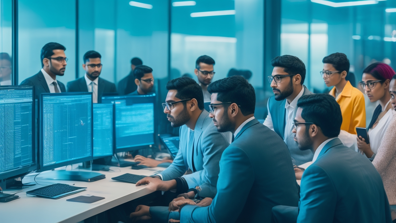 A cinematic editorial photo showing a diverse team of Indian tech professionals collaborating intensely around computers and digital devices, surrounded by futuristic data visualization screens symbolizing AI annotation and scalable data infrastructure in a modern, vibrant startup workspace.