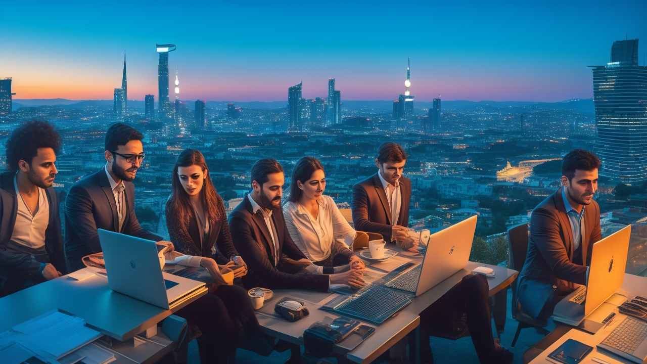 A cinematic editorial image of a diverse group of young Turkish professionals collaborating intensely over laptops and digital devices in a modern, high-tech office space overlooking Istanbul’s skyline at dusk, symbolizing innovation, global connectivity, and Turkey’s emerging role as a leading AI and data annotation hub.