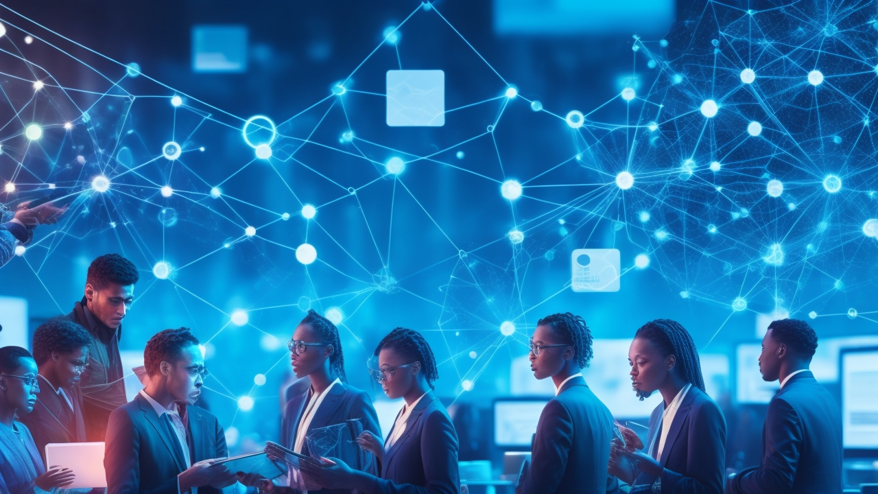 A cinematic, editorial-style image depicting a diverse team of professionals collaborating around a digital interface displaying abstract, glowing semantic networks and interconnected data nodes, symbolizing the intricate process of semantic annotation powering advanced natural language processing.