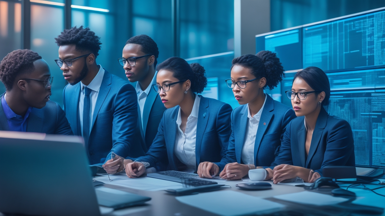A cinematic editorial image of diverse fintech professionals collaborating over glowing digital financial data visualizations and coded AI algorithms in a modern, high-tech office, symbolizing the critical role of precise labeled financial data powering innovative AI-driven risk analysis and compliance solutions.