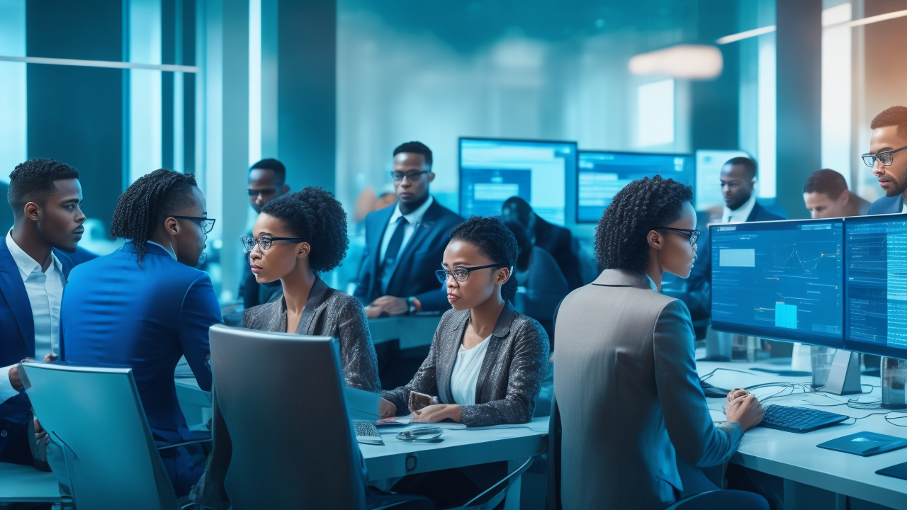A cinematic editorial image showing a diverse team of tech startup professionals collaborating intensely over multiple transparent digital screens displaying complex financial data visualizations and AI-driven analytics in a sleek, modern workspace, symbolizing the power of labeled financial data driving fintech AI innovation and risk analysis.