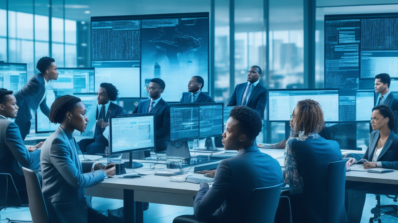 A cinematic editorial photograph of a diverse group of data annotators collaborating intensely around multiple computer screens displaying abstract data visualizations, contrasted with a distant corporate boardroom symbolizing data ownership, highlighting the global divide and complex power dynamics in the AI data annotation industry.