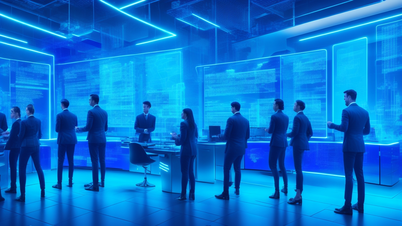 A futuristic, cinematic depiction of a diverse team of data scientists and engineers collaborating around transparent digital screens displaying complex AI data flows and dynamic graphs in a sleek, modern tech workspace illuminated by cool blue and neon lighting.