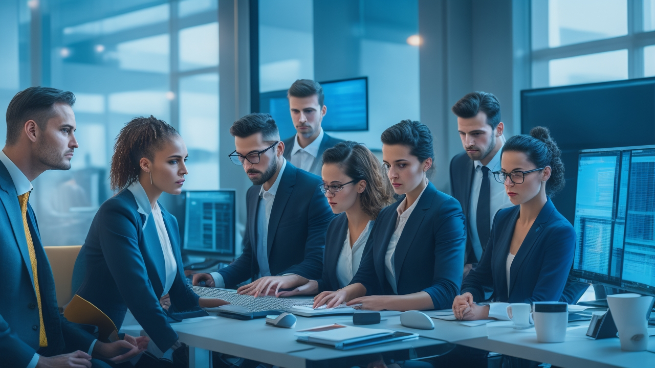 A cinematic editorial photograph of a diverse team of focused professionals collaborating over computers in a modern Eastern European office, with subtle cultural elements hinting at Poland and Ukraine, illuminated by cool natural light highlighting screens displaying abstract data visuals, conveying innovation and the rise of AI data labeling talent.