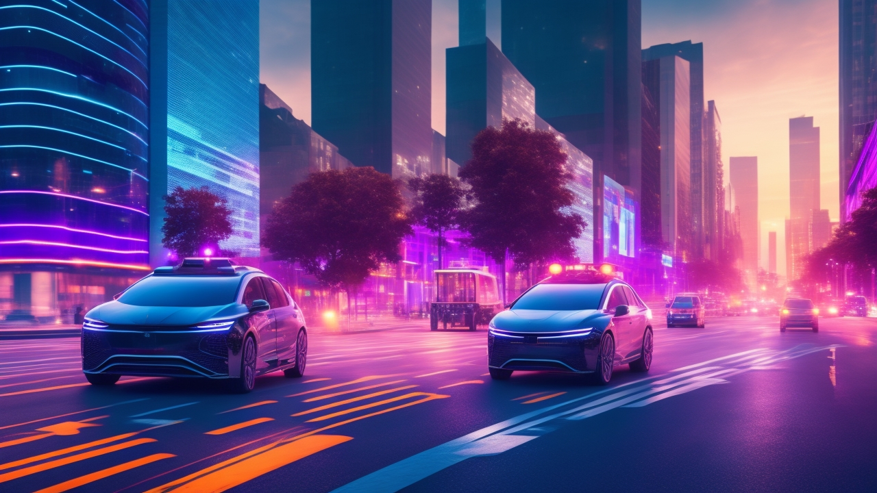 A cinematic editorial image showcasing a sleek autonomous vehicle driving through a futuristic city street at dusk, surrounded by dynamic holographic overlays of 3D bounding boxes and LiDAR point clouds highlighting pedestrians and road features, emphasizing advanced image annotation and sensor fusion technology powering safer self-driving systems.
