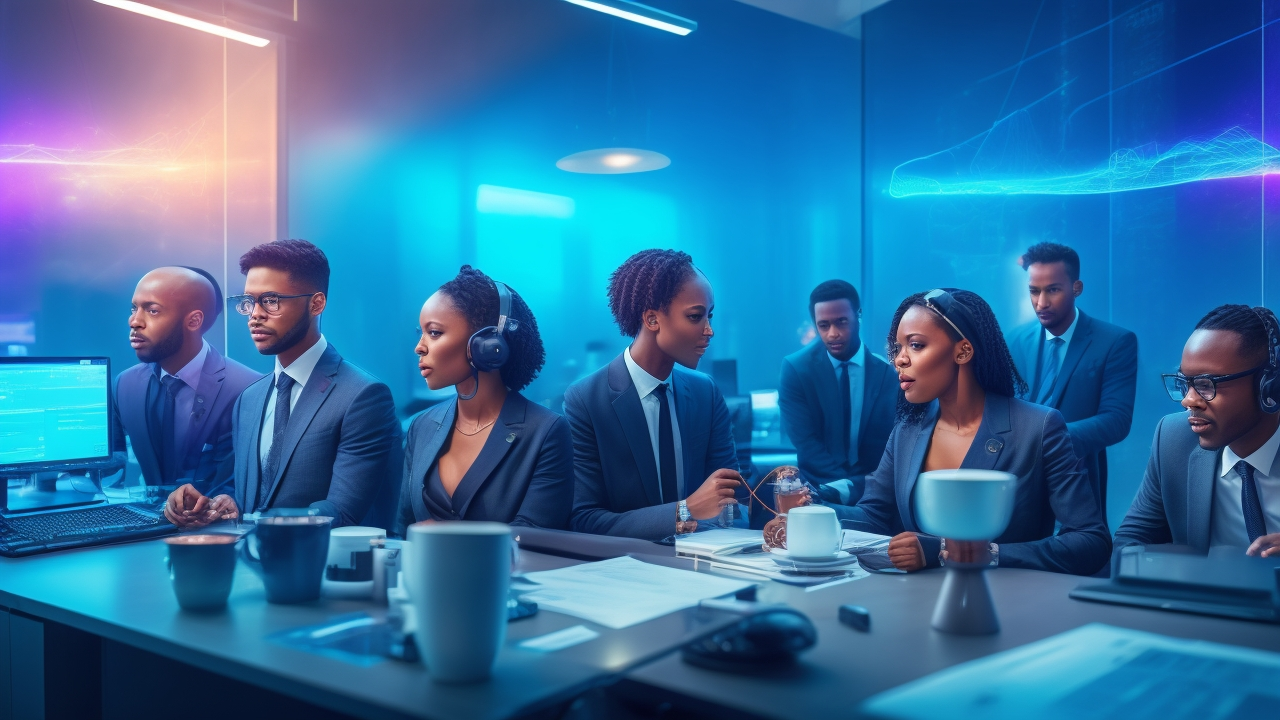 A diverse group of professionals collaborating around microphones and audio equipment in a modern workspace, with holographic multilingual speech waveforms and data annotations floating above, illuminated by soft cinematic lighting.