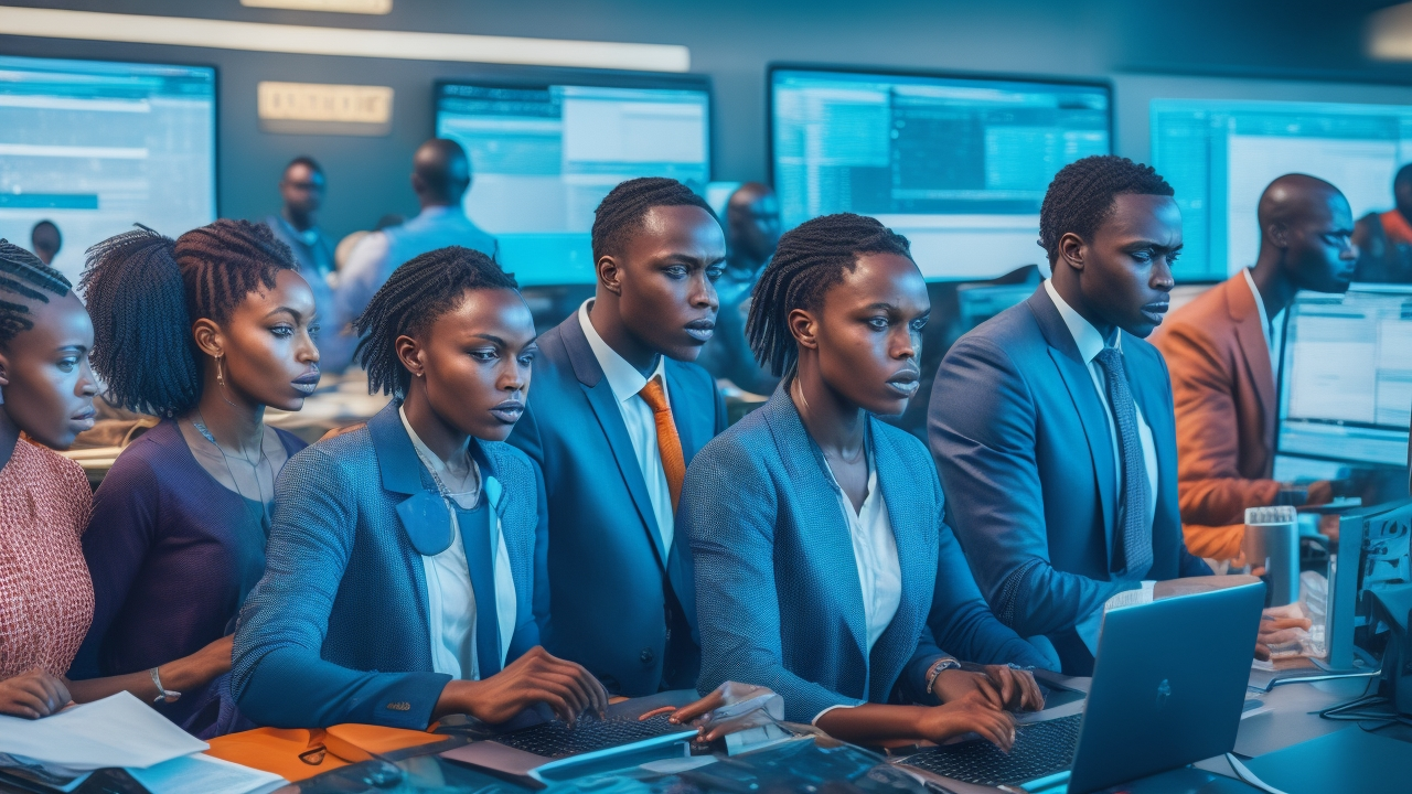 A cinematic, editorial-style image of a diverse group of young Kenyan professionals working collaboratively in a modern tech hub, surrounded by multiple computer screens displaying data and AI-related visuals, symbolizing Kenya’s emerging data annotation workforce powering Africa’s AI revolution.