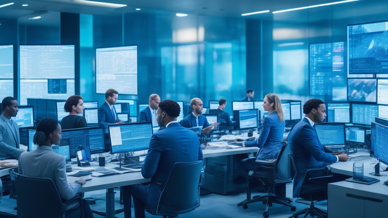 A cinematic editorial image of diverse professionals collaborating in a modern tech workspace, surrounded by multiple screens displaying complex data and AI visualizations, capturing the synergy between human expertise and AI technology driving the future of work in the automation economy.