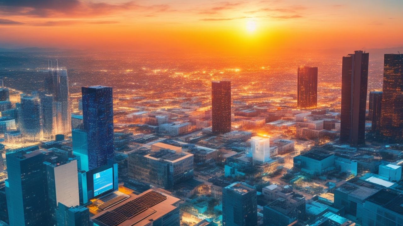 A cinematic aerial view of a modern North African tech hub at sunset, showing a diverse group of young professionals collaborating over laptops amidst sleek office buildings and glowing data center servers, symbolizing the region’s rise as a vibrant, multilingual AI data annotation and innovation center.