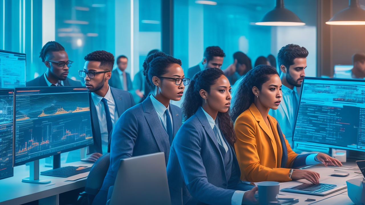 A diverse team of focused data annotators collaborating at a modern workspace filled with screens displaying multilingual text and cultural symbols, bathed in warm cinematic lighting that emphasizes precision and cultural depth in AI development.