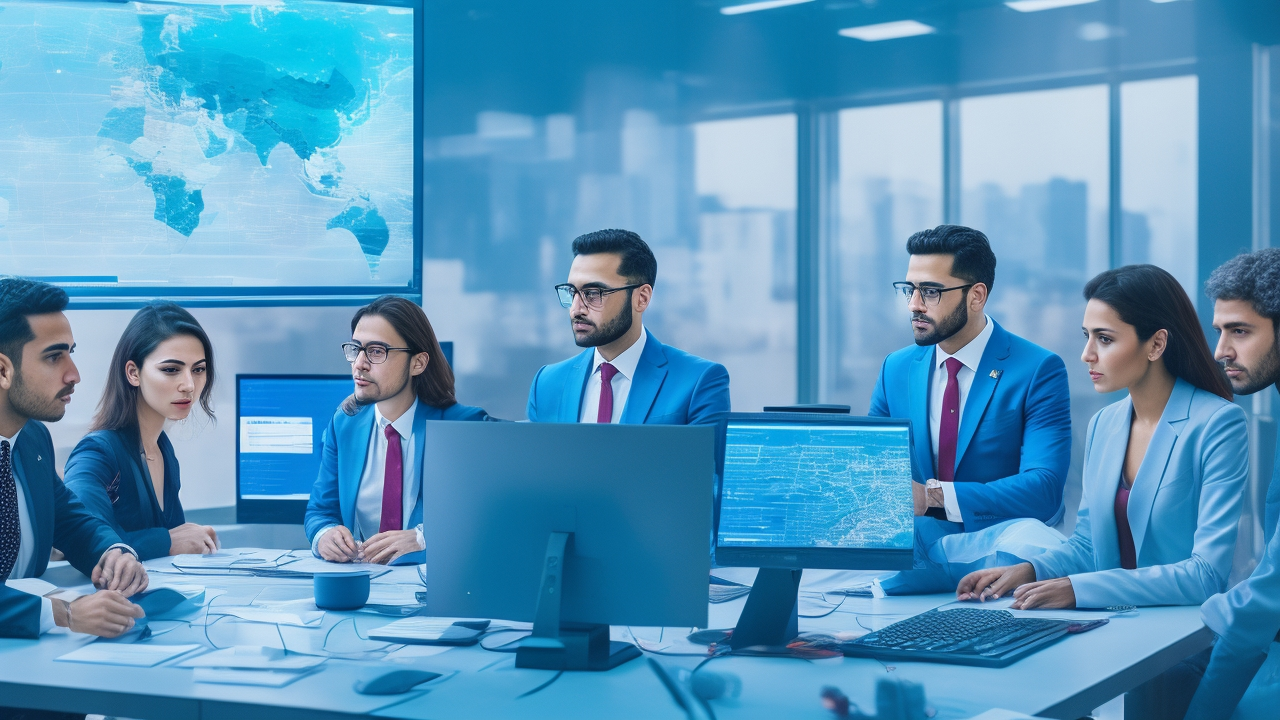 A cinematic editorial image of a diverse group of young Turkish professionals collaborating over multilingual data annotation and AI projects in a modern high-tech office, with subtle visual hints of Turkey’s geographic crossroads bridging Europe and Asia in the background.