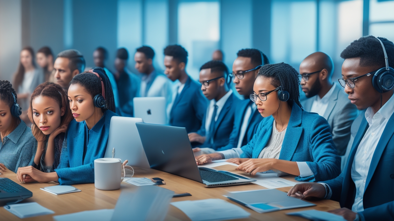 A diverse group of focused multilingual data annotators collaborating over laptops and headsets in a modern, softly lit office environment, capturing the human expertise behind AI training and cultural nuance.
