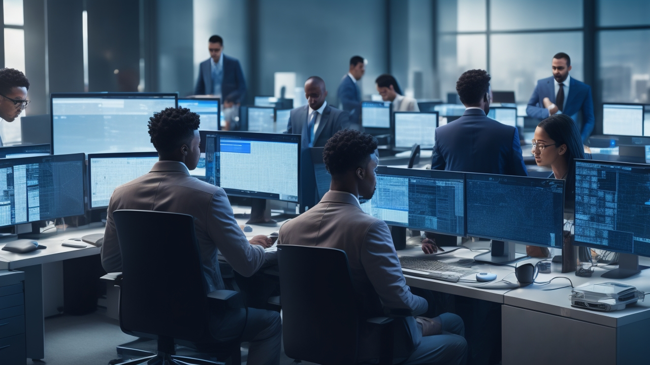 A cinematic overhead view of a diverse team of professionals intensely working on computer screens displaying detailed images with highlighted bounding boxes, polygon outlines, and keypoints markings, set in a modern, well-lit office environment emphasizing advanced AI and computer vision data annotation processes.