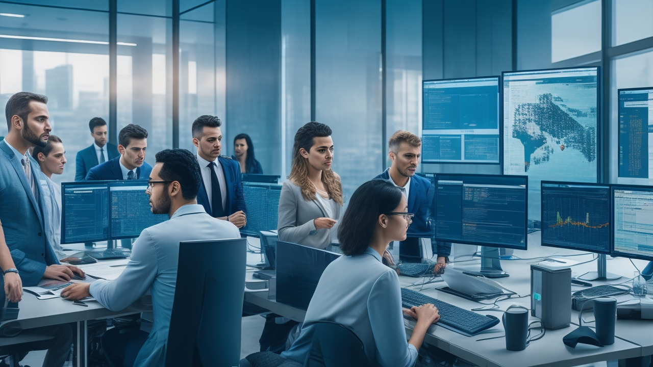 A dynamic, cinematic editorial image showing a diverse team of data annotators and AI engineers collaborating intensely around multiple high-tech screens displaying abstract data visualizations and labeled datasets, in a sleek, modern office environment symbolizing agile annotation and fast-paced AI development.