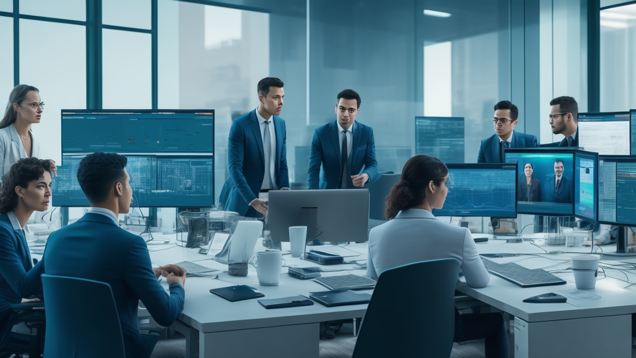 A cinematic editorial scene showing a diverse, focused team of data annotators and project managers collaborating in a modern high-tech office with multiple screens displaying complex AI data visualizations, real-time dashboards, and connected workflows, capturing the dynamic process of scalable AI data annotation from brief to delivery.