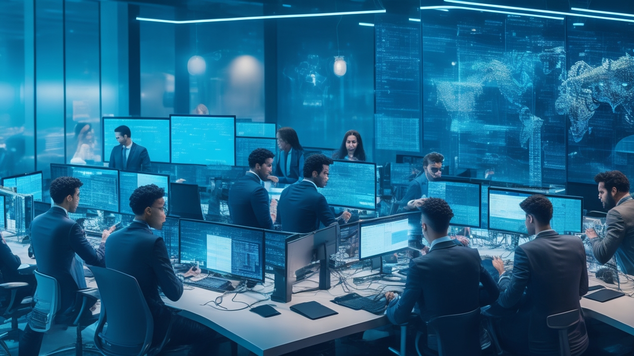 A cinematic overhead shot of a diverse team of data scientists and engineers collaborating intensely around multiple glowing digital screens displaying complex AI data visualizations, set in a modern high-tech office with warm, focused lighting that emphasizes partnership and continuous innovation.