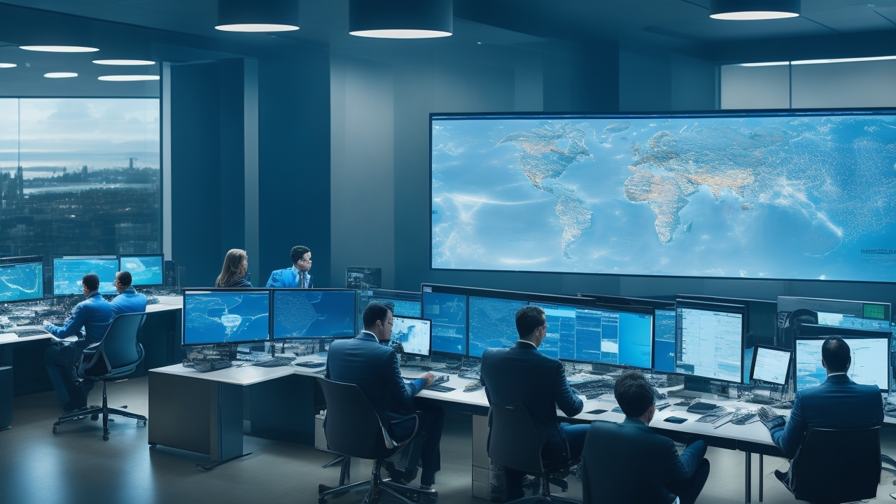 A cinematic overhead view of a high-tech team collaborating over multiple large screens displaying detailed satellite imagery with highlighted map annotations and digital outlines of buildings and roads, set in a modern, dimly lit control room to evoke innovation in geospatial AI data processing.