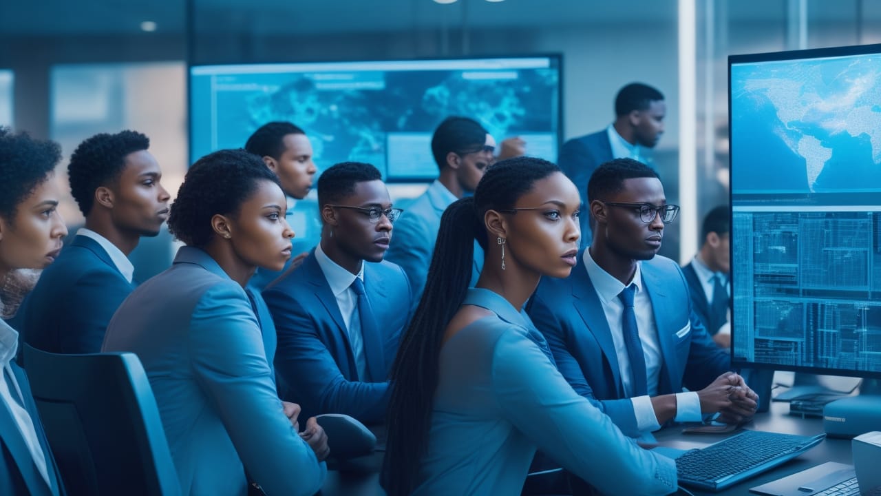 A cinematic editorial photograph of a diverse group of focused professionals in a modern tech workspace, collaboratively reviewing complex AI data annotation on multiple digital screens, highlighting global teamwork and advanced training in artificial intelligence.