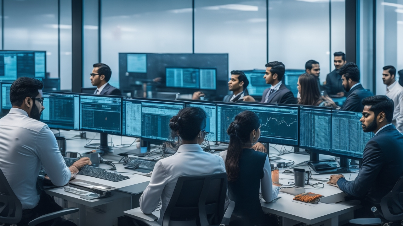 A cinematic editorial image of a diverse team of Indian data annotators collaborating intensely in a modern high-tech office filled with multiple screens displaying complex AI data visualizations, highlighting precision, innovation, and scalable workforce operations in the heart of India’s booming tech ecosystem.