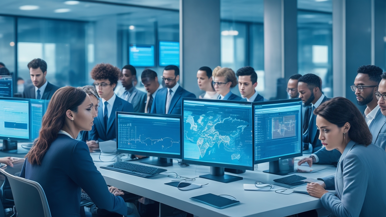 A cinematic editorial photo of a diverse team of professionals collaborating intensely over multiple digital screens displaying complex data visualizations and AI algorithms in a sleek, modern office environment, symbolizing cutting-edge global QA annotation processes and precision-driven innovation.
