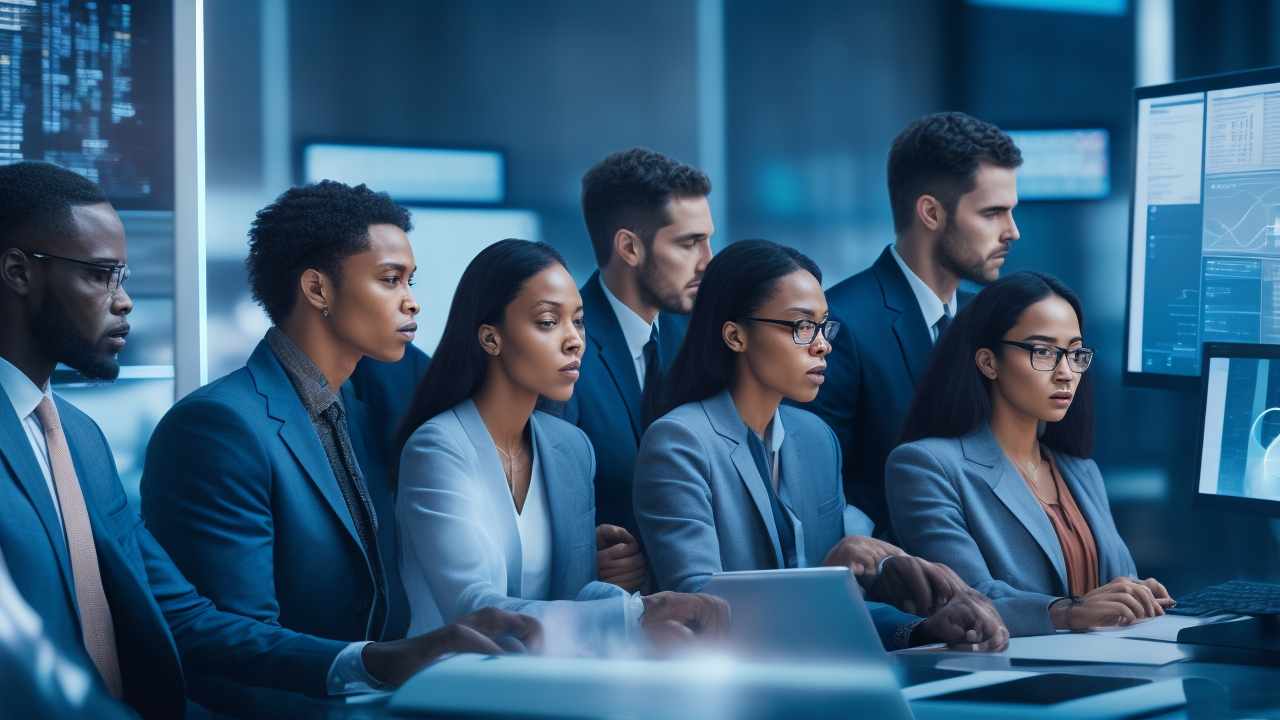 A cinematic editorial photo of a diverse team of professionals collaborating intently around a sleek digital interface displaying abstract data visualizations, symbolizing the seamless integration of human expertise and AI technology in quality assurance.