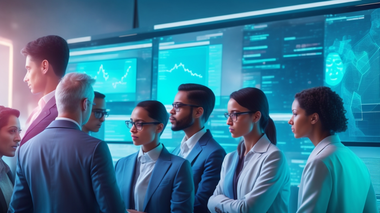 A cinematic close-up of a diverse team of professionals collaborating around a large digital touchscreen displaying complex data visualizations and AI algorithms, with subtle holographic overlays symbolizing machine learning, highlighting the synergy of human insight and advanced technology in quality assurance.