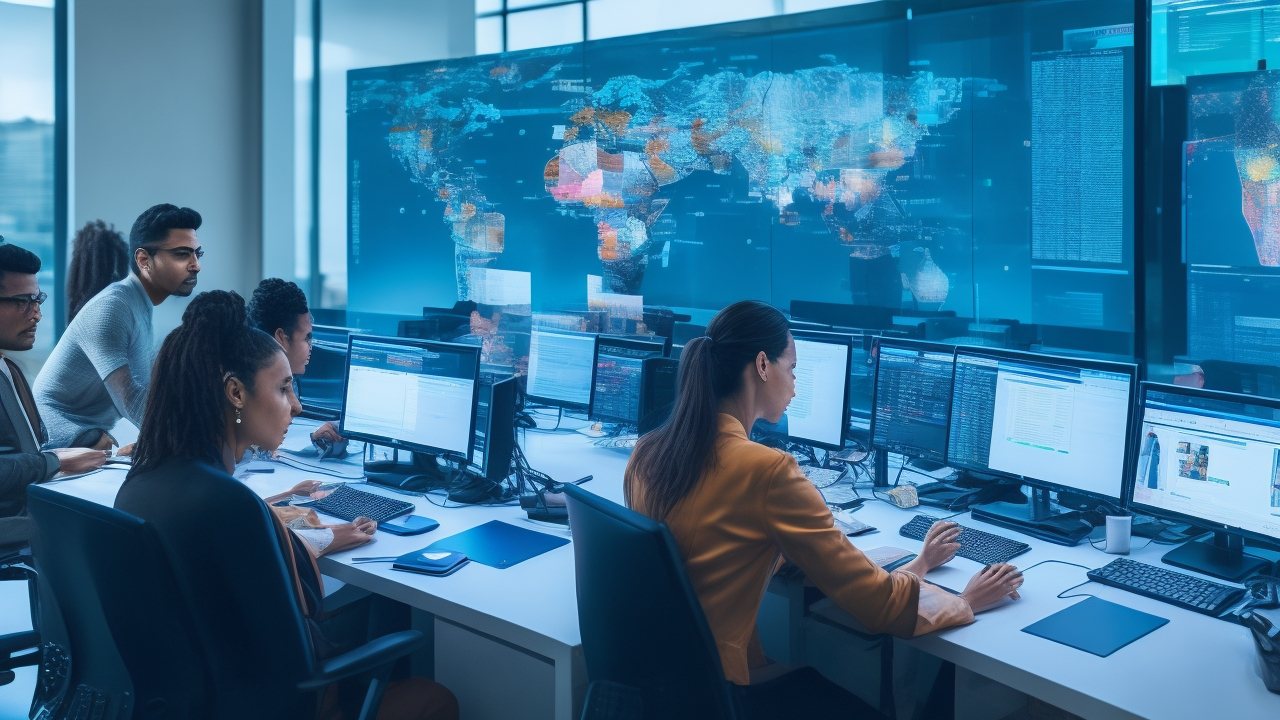 A cinematic editorial photograph of diverse Latin American data annotators collaboratively working with computers in a modern office filled with digital maps and multilingual language icons subtly reflected on screens, symbolizing the regional expertise in Spanish and Portuguese AI dataset labeling for innovation.