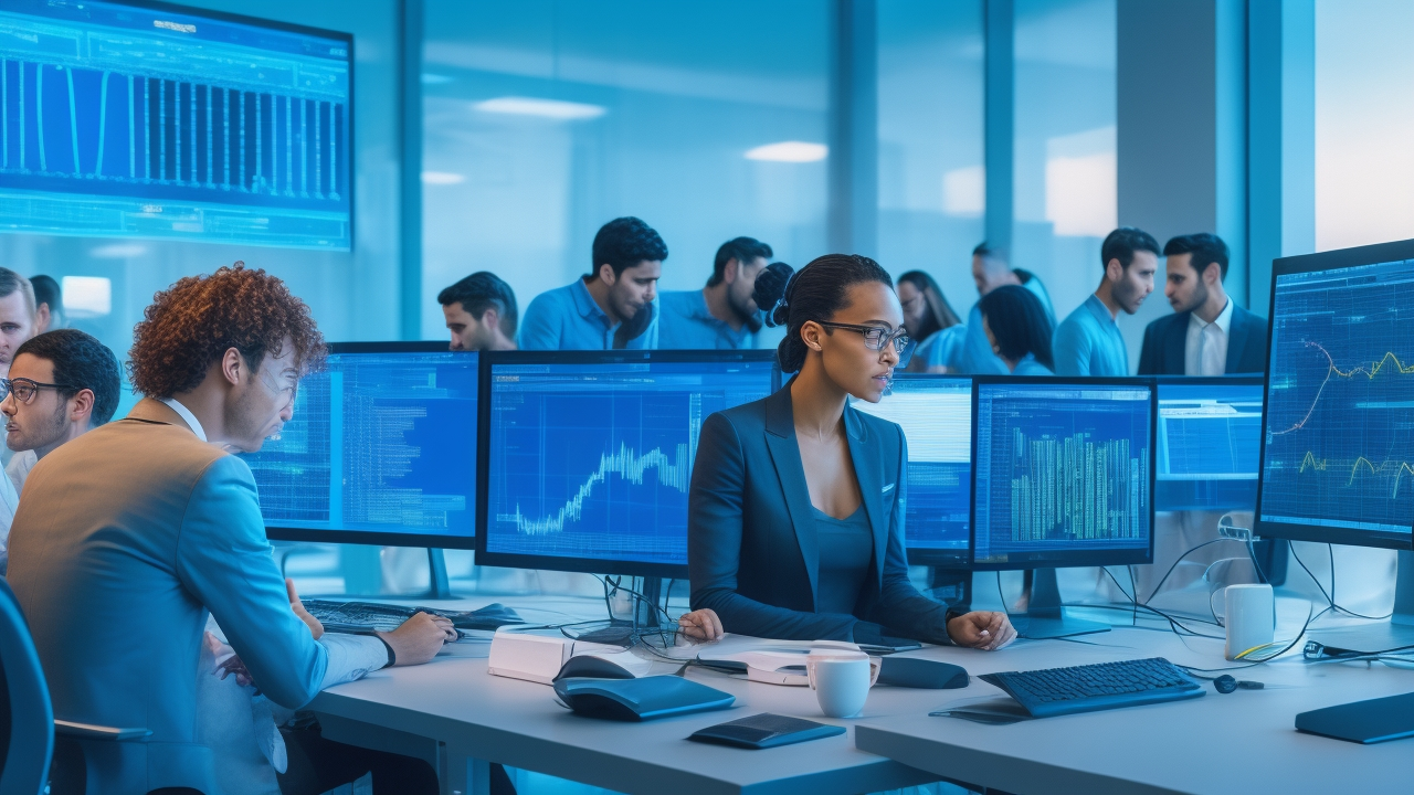 A cinematic, editorial-style image of a diverse team of tech entrepreneurs and data scientists collaborating intensely around multiple screens displaying waveforms, text data streams, and coding interfaces in a modern, sleek startup office, symbolizing the meticulous process of NLP data annotation and AI training for next-generation chatbots and generative AI innovations.
