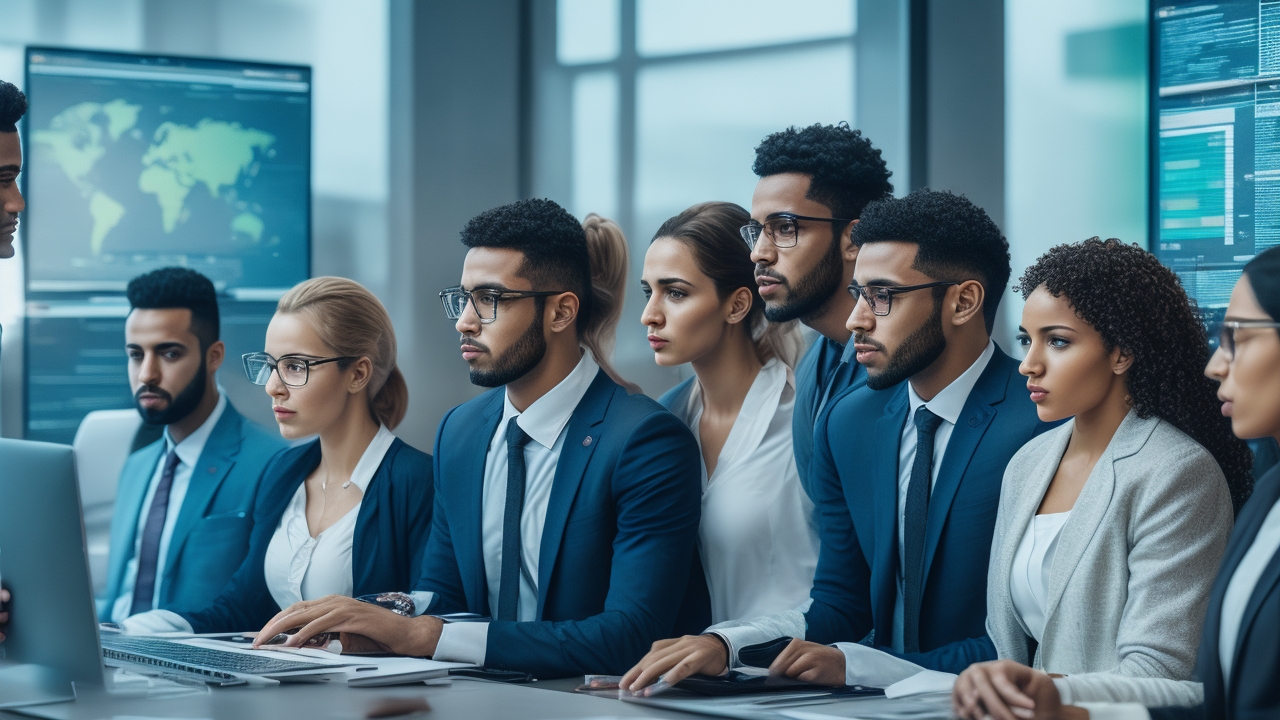 A cinematic editorial photograph of a diverse group of young North African professionals collaborating in a sleek modern office filled with dual-language Arabic and French data annotations displayed on multiple large monitors, highlighting a vibrant tech hub atmosphere with natural light and focused expressions, symbolizing the region’s booming AI data labeling industry and bilingual expertise.
