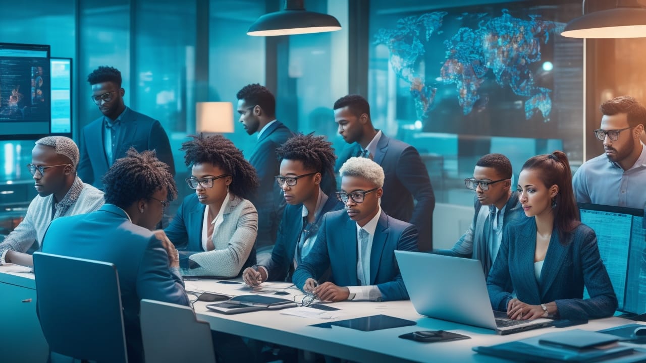 A cinematic, diverse team of global data annotators collaborating over digital devices in a modern, well-lit workspace, symbolizing inclusive AI development and ethical technology innovation.