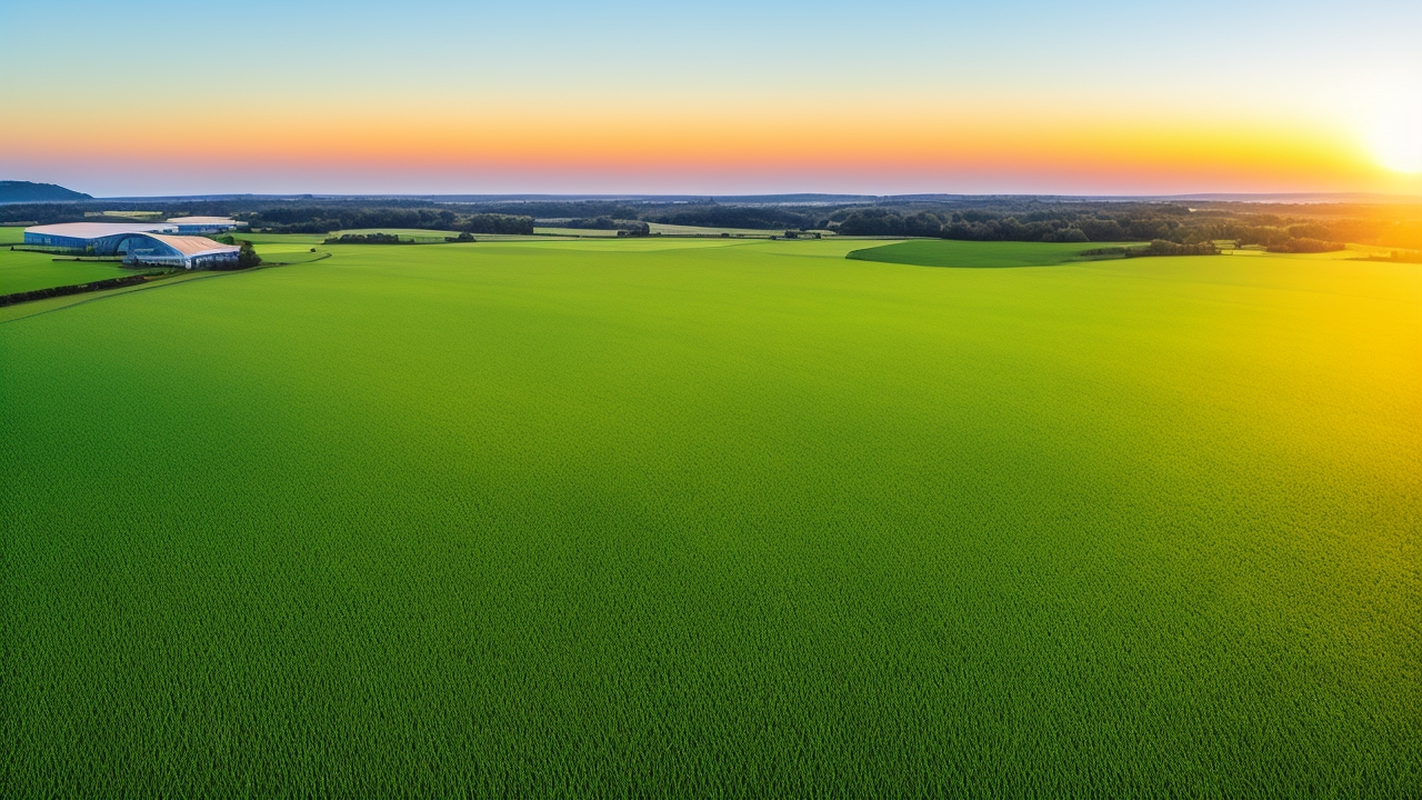 A cinematic aerial view of a modern farm at sunrise, showcasing lush green crop fields with drones and autonomous farming machinery collecting multispectral data, while a diverse team of agritech experts analyzes digital maps on tablets nearby, symbolizing advanced AI-driven precision agriculture and data annotation empowering sustainable yield optimization.