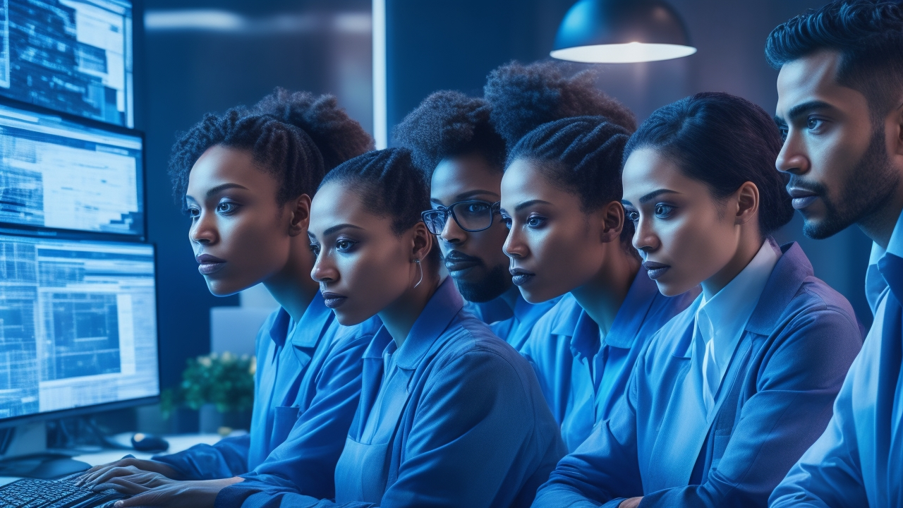 A dramatic close-up of a diverse team of data scientists and annotators intensely reviewing high-resolution segmented images on multiple widescreen monitors in a sleek, modern lab bathed in cool blue lighting, showcasing precision and collaboration in advanced AI quality control processes.
