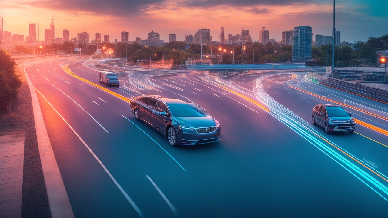 A cinematic editorial image of a sleek autonomous vehicle navigating a complex urban road at dusk, surrounded by layered 3D LiDAR point cloud visuals and semi-transparent overlays representing sensor fusion data and precise lane markings, highlighting the advanced technology behind self-driving annotation.
