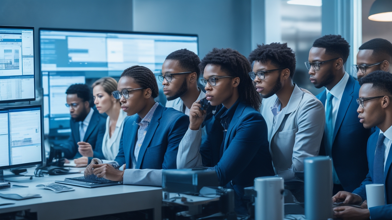 A cinematic editorial photo of a diverse team of professionals analyzing complex product data and annotated images on multiple high-resolution screens in a modern tech office, highlighting collaboration and advanced AI-driven e-commerce labeling for seamless product taxonomy and visual search innovation.