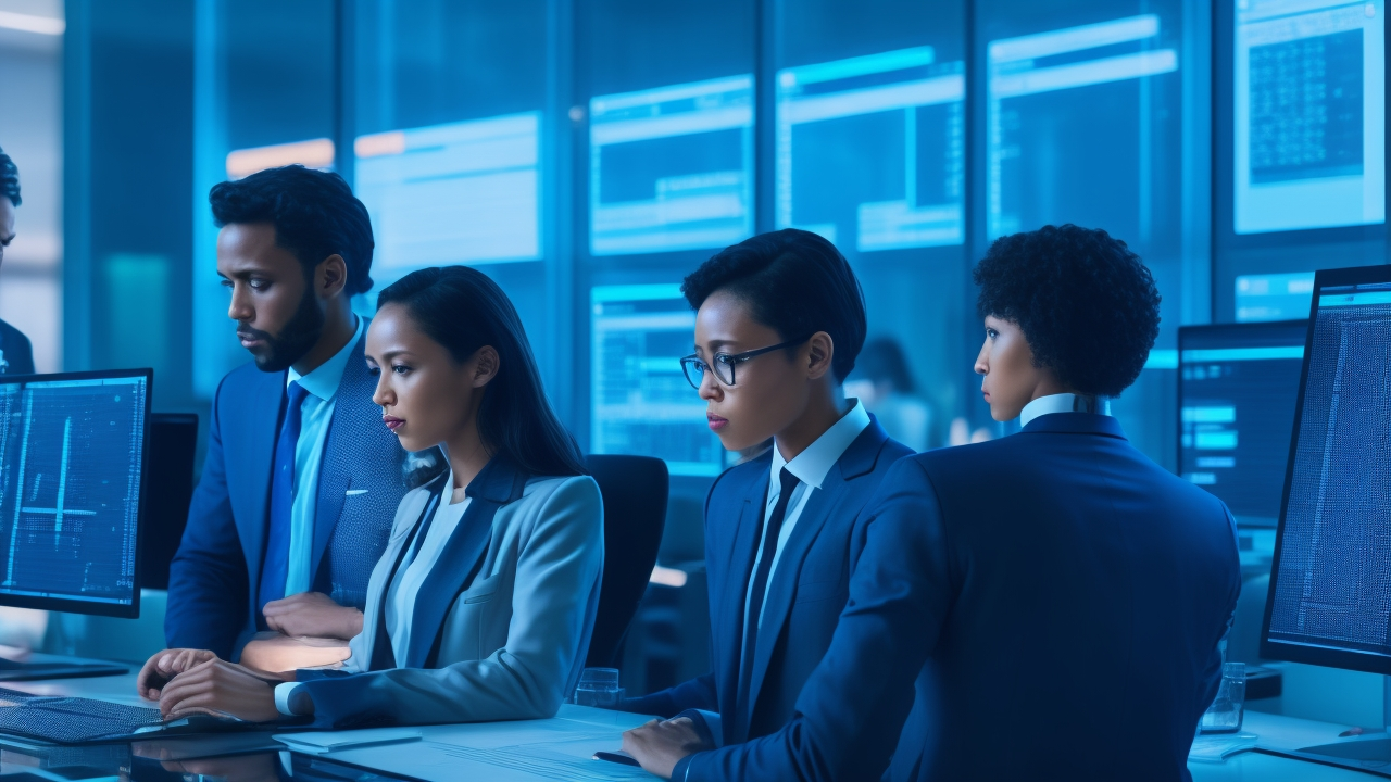 A cinematic close-up of a diverse team of professionals intensely analyzing complex financial data and AI algorithms on multiple transparent digital screens, set in a sleek, modern fintech office with a moody, controlled lighting atmosphere conveying innovation and high-stakes fraud detection.