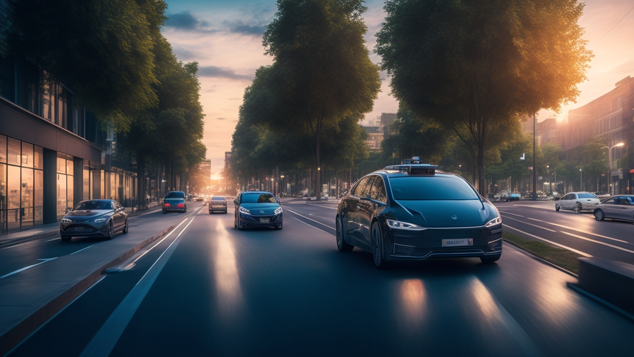 A cinematic editorial image of a sleek autonomous vehicle navigating a complex urban street at dusk, highlighted by detailed 3D LiDAR point cloud visuals and layered sensor data overlays subtly integrated into the scene, conveying precision and advanced AI-driven perception technology in action.