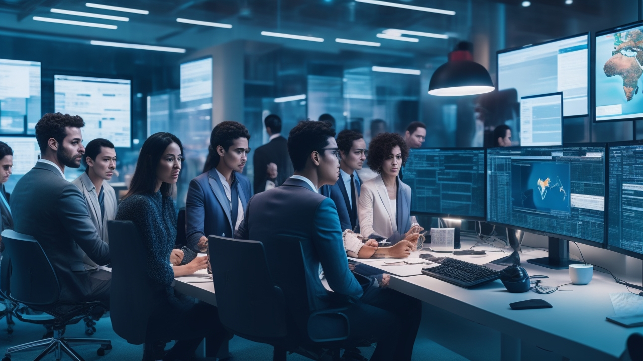 A diverse team of professionals collaborating around a modern workspace filled with multilingual annotated datasets and AI visualizations on screens, illuminated by soft cinematic lighting.