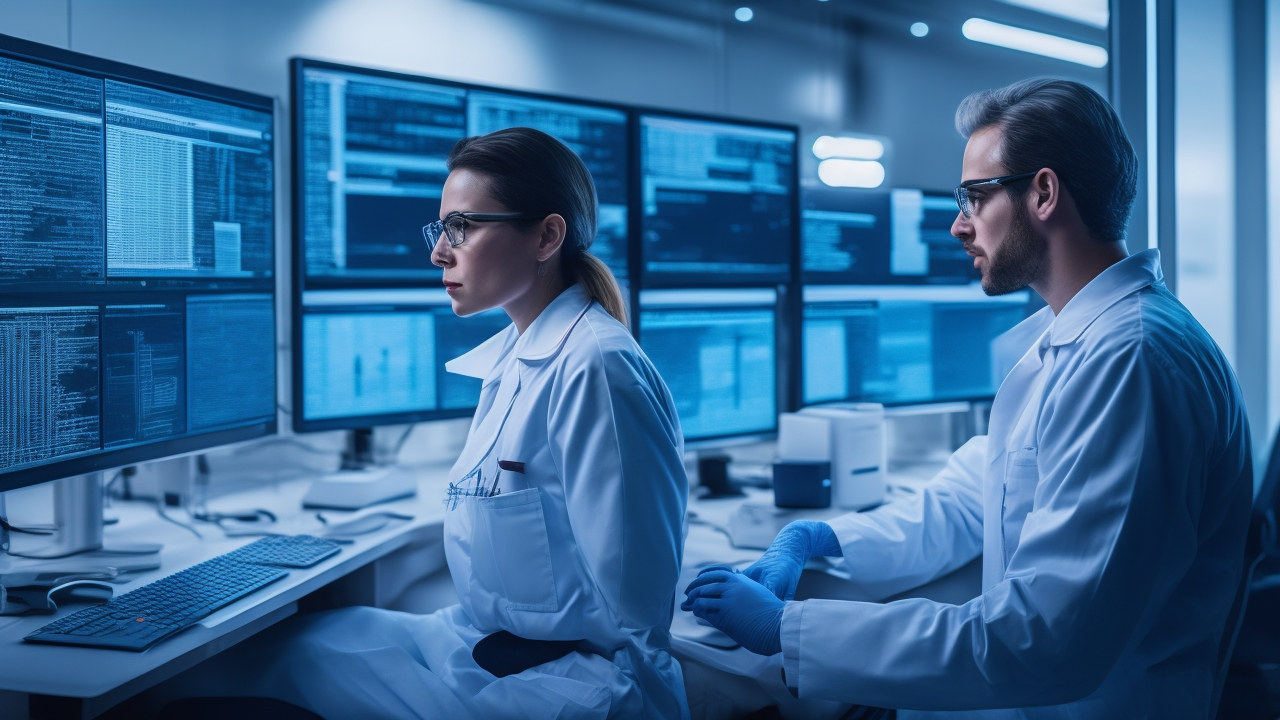 A professional medical data scientist wearing a lab coat and protective gloves, carefully reviewing anonymized medical imaging scans on multiple high-resolution monitors in a modern, dimly lit healthcare AI research lab, emphasizing data security and HIPAA compliance with subtle visual cues of encryption and privacy protocols.