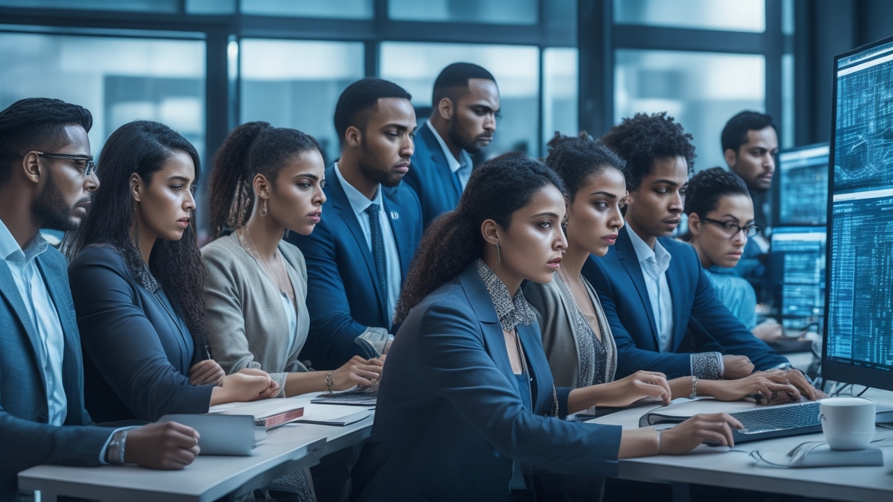A dynamic, cinematic editorial photo of a diverse team of Latin American data annotators collaborating intensely around multiple computer screens displaying complex AI data visualizations, set in a modern tech office subtly illuminated by warm natural light to highlight cultural diversity and cutting-edge technology.
